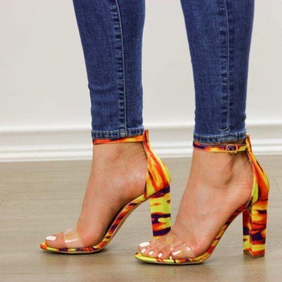 Ankle Strap Chunky Heeled Sandals, Clear Toe Band - Picture 3 of 9